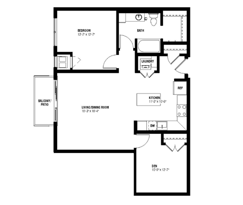 Floor plan for 1 bed, 1 bath, 891 sqft